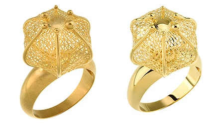 Bague en or avant et après électropolissage avec l'EF-NOVA Avant et après le polissage d'une bague complexe en or avec l'EF-NOVA, illustrant la qualité de finition obtenue grâce à l'électropolissage.